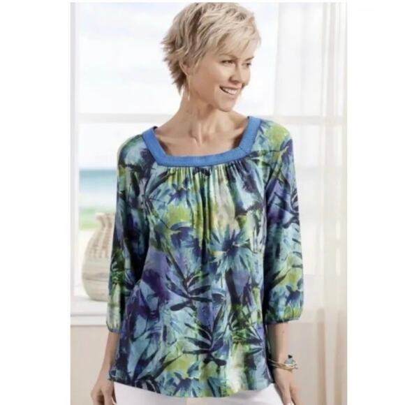 Soft Surroundings Odessa Tunic Blue Tropics Square Neck 3/4 Sleeve Medium NWT - Picture 1 of 6